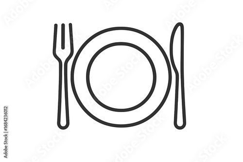 Minimalistic plate outline icon, linear fork and knife pictogram, kitchen utensil symbol for web design, apps, banners, social media, and graphic projects, vector illustration