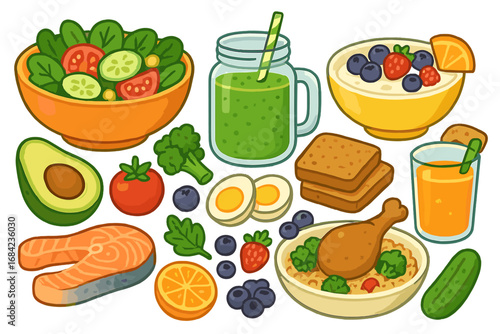 Healthy food collection. Balanced diet meal prep concept. Vector cartoon icons of fresh ingredients like salmon, salad, smoothie, avocado for nutrition, breakfast and lunch.
