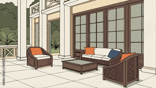Patio furniture set outdoor living space comfortable lounge chairs and sofa summer relaxation home design illustration garden furniture backyard decor modern patio wicker furniture outdoor seating re.