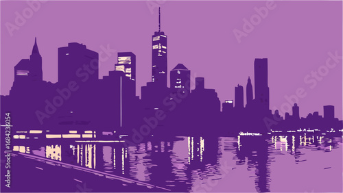 Purple Cityscape Silhouette at Dusk Urban Skyline Reflection Modern Architecture Illustration.