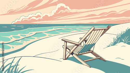 Relaxing beach chair at sunset ocean view summer vacation illustration.