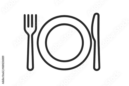Minimalistic linear plate outline icon with fork and knife, simple web and graphic design pictogram for apps, banners, social media, cards, vector cartoon illustration set
