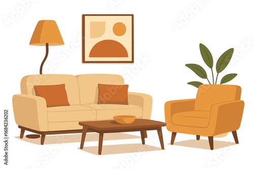 Modern living room furniture isolated on white. Cozy mid-century interior design concept with couch, armchair, table, and plant. Flat vector cartoon illustration for home decor.