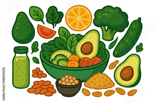 Healthy plant-based food set for modern diet. Vegan lifestyle concept. Fresh vegetables, salad bowl, avocado, smoothie, nuts and superfoods. Organic nutrition vector cartoon illustration.