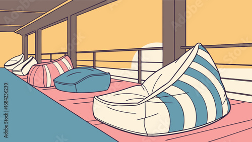 Relaxing Outdoor Patio with Striped Bean Bag Chairs and Sunset View.