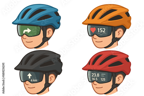 Smart cycling helmet with AR navigation, fitness tracking data on visor HUD. Cyclist head with head-up display for outdoor activity. Vector cartoon illustration collection.
