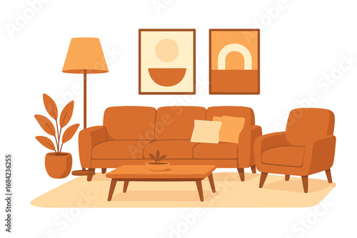 Modern living room interior design. Cozy sofa, armchair and coffee table. Houseplant, lamp and minimalist boho wall art. Home comfort, hygge lifestyle concept. Flat cartoon vector.