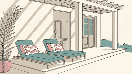 Relaxing Patio Scene with Lounge Chairs Plants and Pergola Illustration.