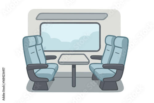Train interior with empty seats and table. Modern public transport concept. Travel by railway, subway, or high-speed train. Minimalist vector cartoon illustration. Journey design.
