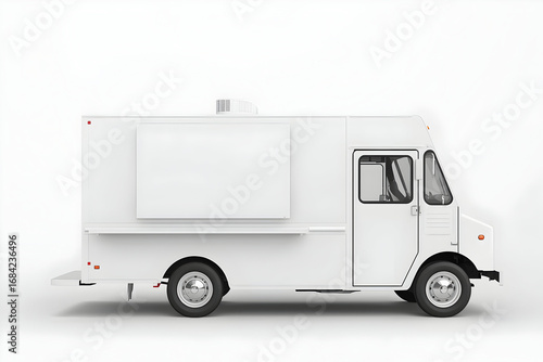 Sleek white food truck with blank billboard, ideal for branding mockups and advertising designs