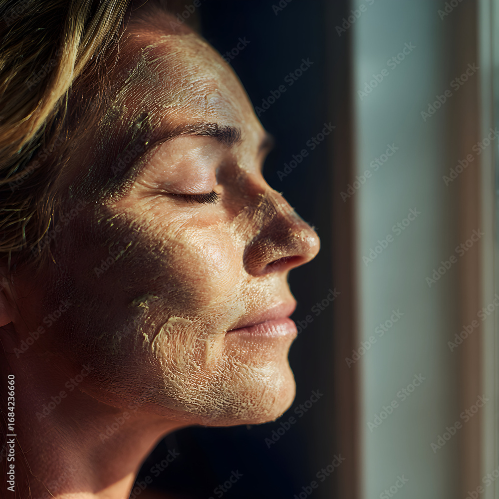 Obraz premium Serene Woman Enjoying Spa Facial Mask with Sunlight Illuminating Her Radiant Skin