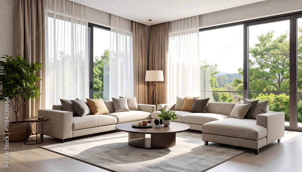 Fototapeta premium Modern living room with large windows, showcasing a spacious and bright interior design