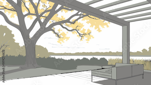 Relaxing Patio Scene with Tree and Water View Modern Outdoor Design Tranquil Garden Illustration.