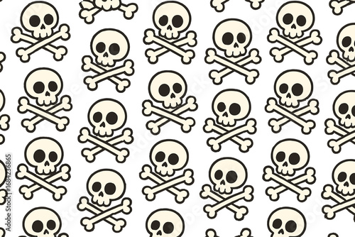 Seamless pattern with cute cartoon skulls and crossbones. Playful vector graphic for Halloween or pirate themes. Jolly Roger background design for fabric print or wallpaper.