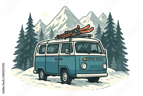Vintage van with skis on a winter road trip. Retro camper in snowy mountains. Travel concept with a classic minibus in a forest landscape. Vector cartoon illustration.