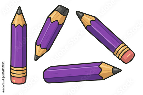 Set of purple pencils in various positions. Vector cartoon illustration for school, art, and office supplies. Concept for drawing, writing, creativity, and education. Isolated.