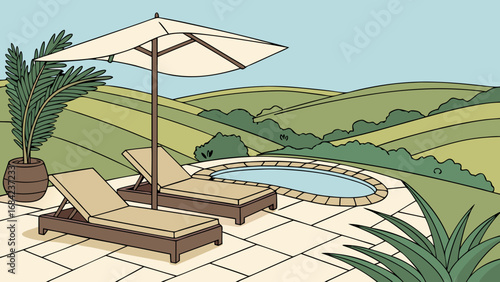 Relaxing Poolside Scene with Rolling Hills and Tropical Plants.