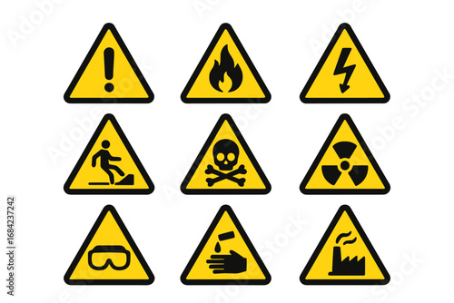 Set of safety hazard warning signs. Vector icons collection. Danger, caution, flammable, toxic, electric shock, radioactive, corrosive, poison symbols. Workplace health.