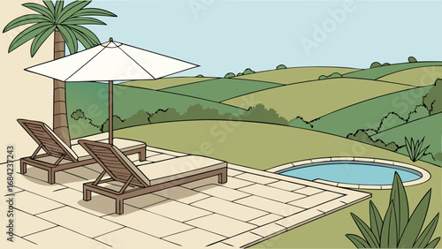 Relaxing Poolside View with Rolling Hills and Palm Tree Illustration.