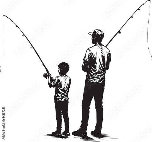 Father and Son Fishing Together Family Bonding Generational Learning Outdoor Adventure Black and White Illustration Vector Graphic