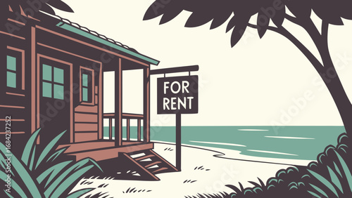 Rental Cabin by the Ocean Tropical Vacation Home Illustration.