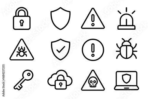 Cybersecurity and data protection vector line icon set. Includes warning, alert, virus, bug, malware, firewall, and antivirus symbols. Padlock, shield, and key signs.