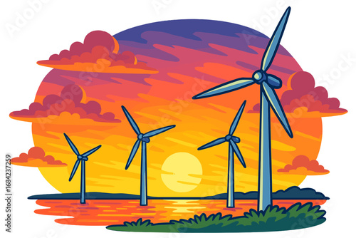 Wind turbines generating clean, renewable energy at sunset. Coastal landscape with windmills. Sustainable power generation concept. Vector cartoon illustration for ecology and green tech.
