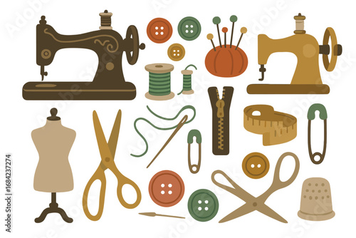 Vintage sewing and tailoring tools set. Vector collection with machine, thread, needle, scissors, mannequin, and buttons. Concept for craft, hobby, needlework, and handmade.