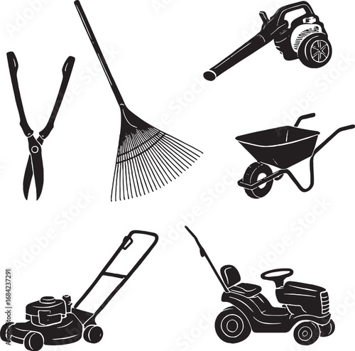 Essential Garden Tools Collection Black and White Vector Illustration for Lawn Care and Landscaping Needs