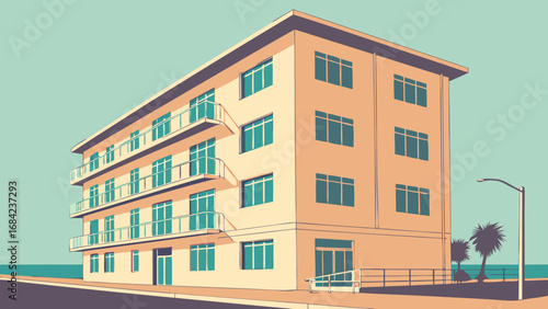Retro Style Apartment Building Illustration Coastal Architecture Design Multi-Story Building Ocean View Summer Vacation Seaside Property Urban Scene Balcony Windows Doors Palm Trees Street Lamp Vecto.