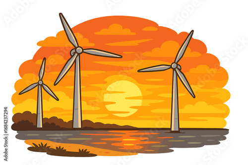 Wind turbine energy. Clean renewable power generation. Sustainable technology. Green electricity. Eco friendly concept. Environmental conservation. Sunset landscape vector illustration.