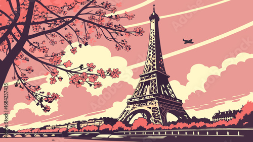 Romantic Springtime Cityscape with Iconic Tower and Blossoming Tree Branches.