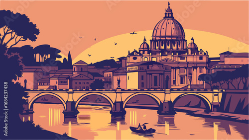 Romantic Sunset Cityscape with Bridge and Dome Building.