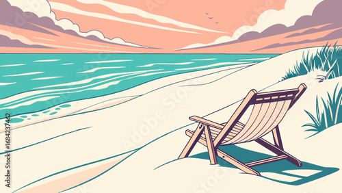 Serene Beach Scene Deck Chair on Sandy Shore at Sunset with Ocean View.