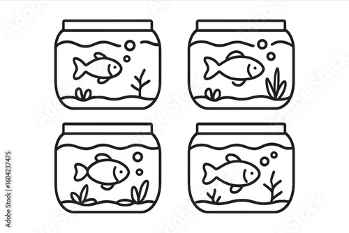 Set of minimalistic line icons of fish in aquarium tanks, simple linear fish silhouette illustrations, vector cartoon style for web, graphic design, apps, banners, and social media cards