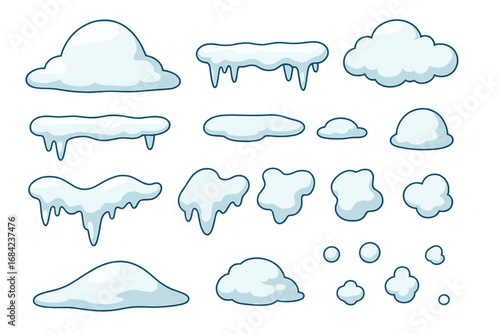 Cartoon snow elements set. Vector snowdrift, icicles, snow caps for winter and Christmas decoration. Frozen ice pile, snowball and abstract frost shapes collection for design.