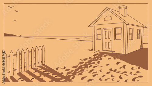 Simple Coastal Cottage Illustration Seaside House Drawing Beach Home Artwork Summer Vacation Design Minimalist Architecture Sketch Cute House Illustration Ocean View Home Peaceful Landscape Art Calm .