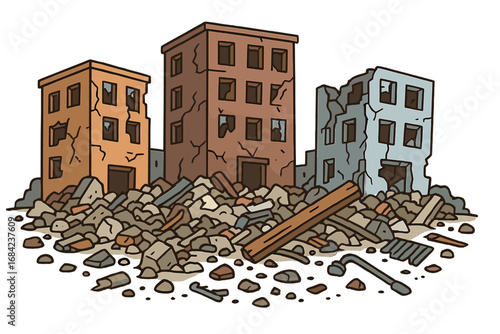 Ruined city buildings after disaster. Urban destruction, rubble, and debris from war or earthquake. Apocalypse aftermath concept. Damaged house illustration vector cartoon isolated.
