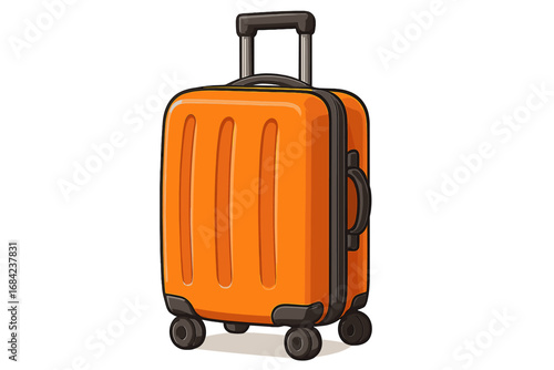 Stylish orange travel suitcase vector illustration. Modern luggage for adventure and vacation. Cartoon carry-on baggage with wheels. Isolated travel bag concept for tourism.
