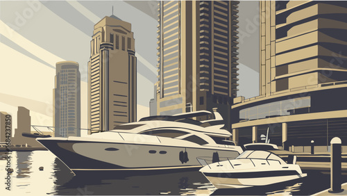 Stylized illustration of luxury yachts docked near skyscrapers at sunset.