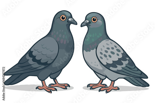 Two cute cartoon pigeons side by side. Vector illustration of a pair of city birds or doves. Urban wildlife animal characters isolated on white background. Love, couple concept.