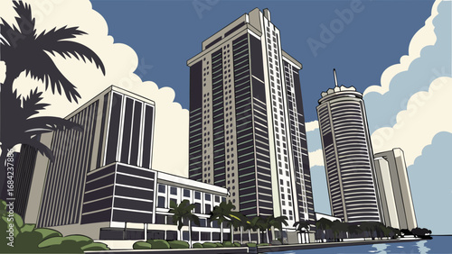 Stylized illustration of skyscrapers and palm trees near water under a cloudy sky.