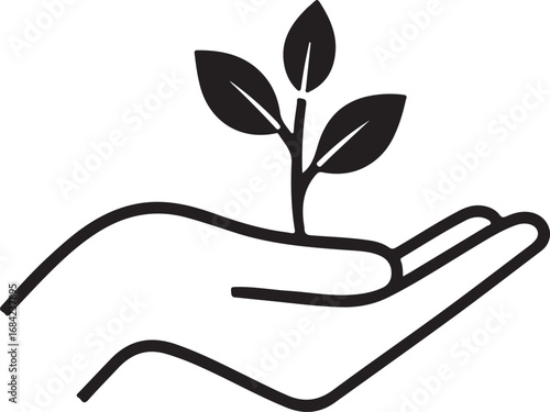 Hand holding plant seedling black and white vector graphic emphasizing growth and care for environmental sustainability and new beginnings illustration