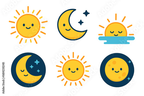 Cute sun and moon character icon set illustrating day and night cycles. Kawaii weather emojis for sunrise and sunset. Cartoon vector illustration of celestial bodies.