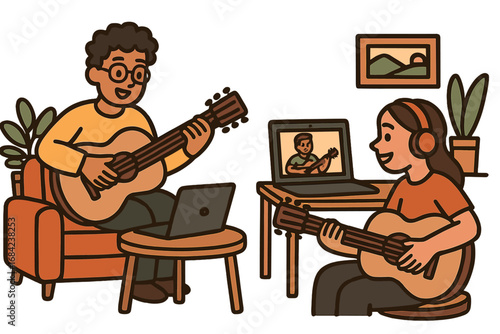 Online guitar lesson vector concept. Man and woman learning to play acoustic guitar via video call at home. E-learning, music education, remote class, hobby, new skill.
