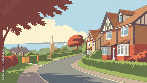 Suburban street scene with houses trees and a church spire overlooking a calm body of water.
