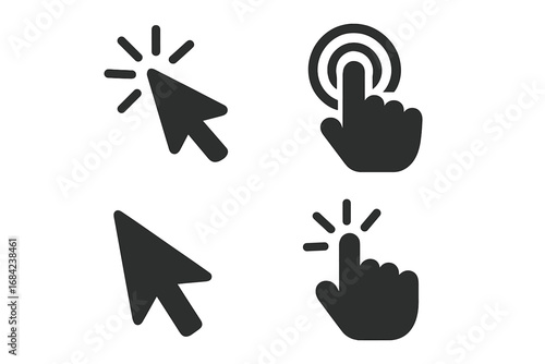 Click cursor and hand pointer icon set. User interface symbols for web and mobile. Tap, touch, press, and select action icons. Vector graphic elements for UI design.