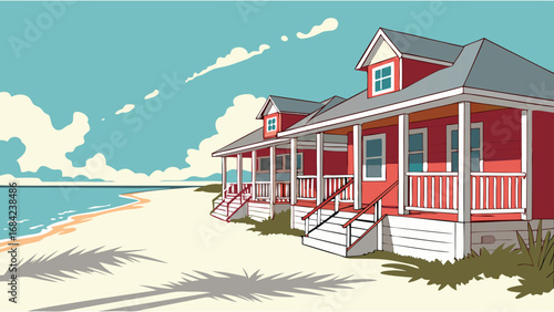 Summer Beach Houses Ocean View Coastal Vacation Rental Illustration Idyllic Seaside Cottages Tropical Paradise Holiday Home Beachfront Property Relaxing Getaway Summertime Retreat Sun Sand Sea Tranqu.