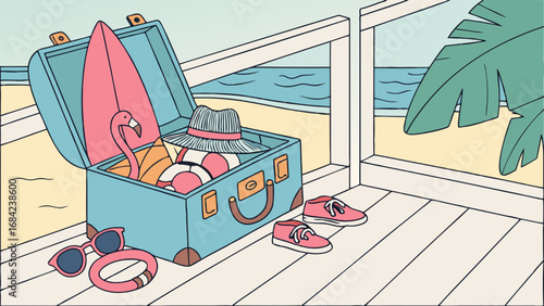 Summer Vacation Packing List Beach Essentials in a Suitcase Illustration.