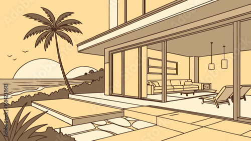 Sunset Beach House Modern Minimalist Illustration Tropical Home Design Ocean View Coastal Living Vacation Rental Interior Design Architectural Drawing Summer Holiday Palm Tree Relaxation Seaside Prop.